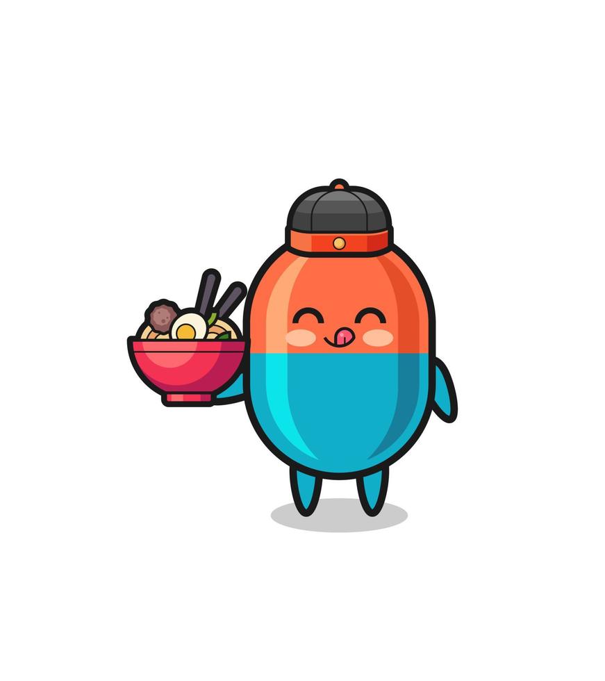 cápsula como mascota del chef chino sosteniendo un tazón de fideos vector