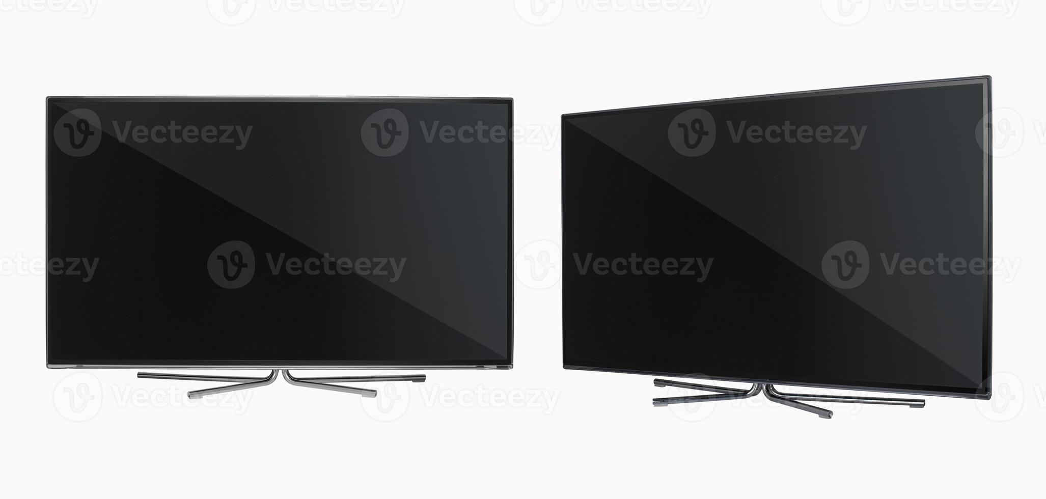 modern LCD flat-screen TV with metal legs in two positions on a white background photo