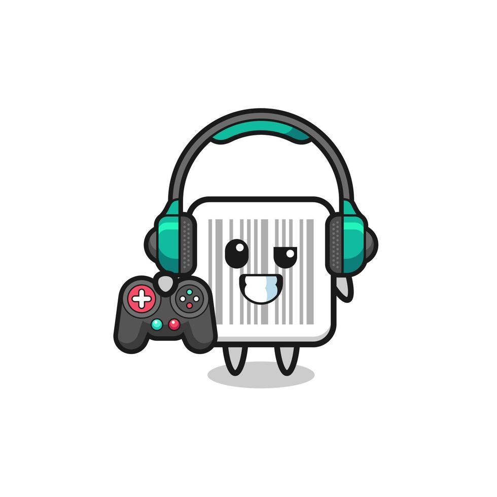 mascota de jugador de código de barras sosteniendo un controlador de juego vector