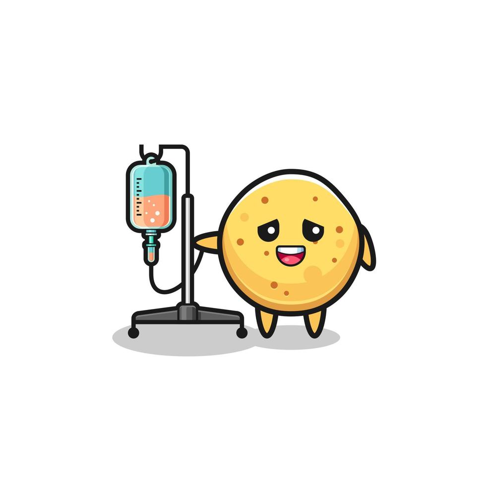 cute potato chip character standing with infusion pole vector