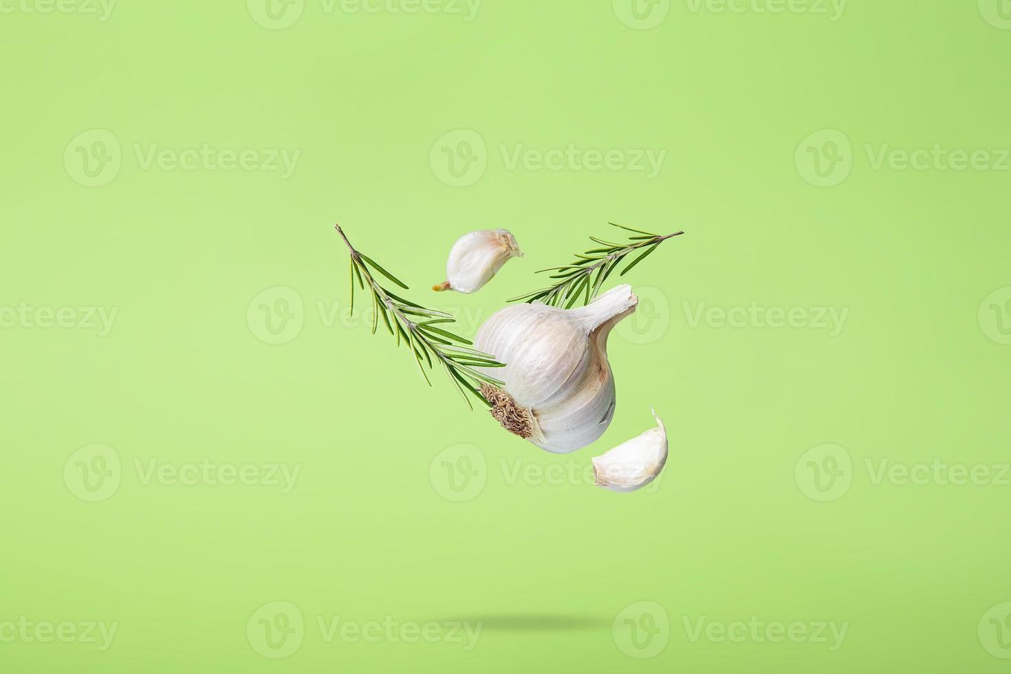 Flying Rosemary and Garlic on Green Background Abstract Food photo