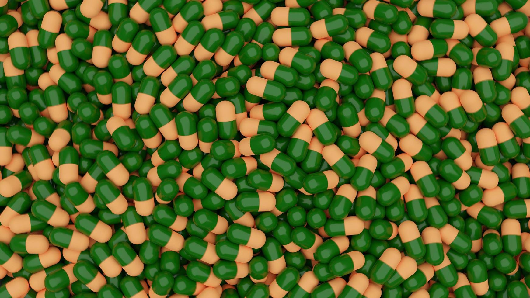3D rendering illustration capsules of red and green capsules come in the background. Top View photo