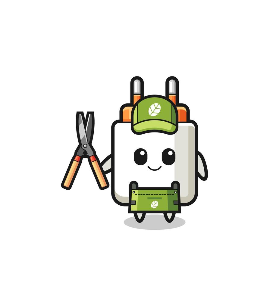 cute power adapter as gardener mascot vector