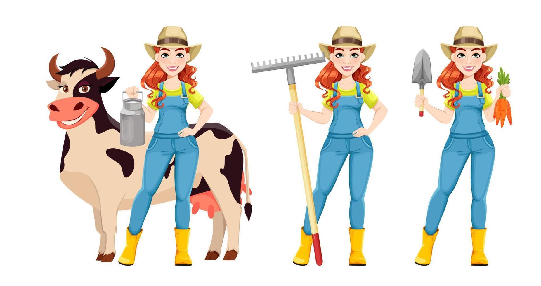 Beautiful woman farmer, set of three poses vector