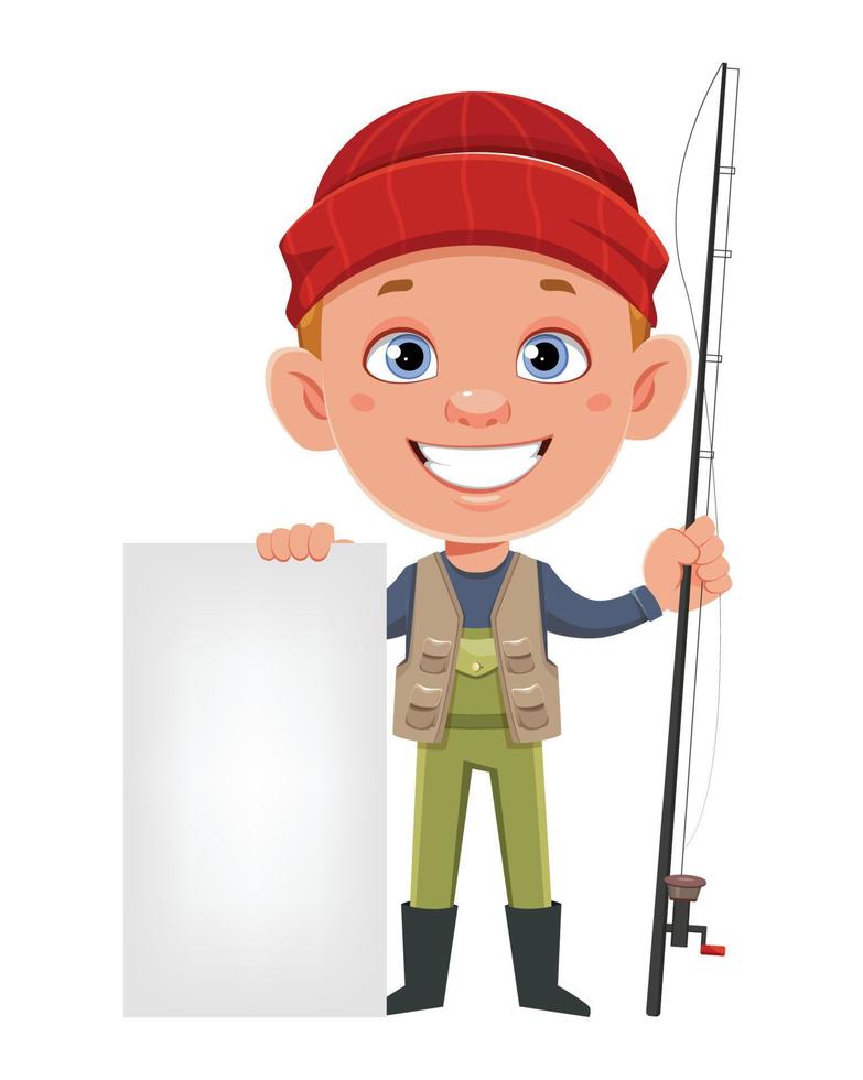 Fisherman holding fishing rod and blank placard vector