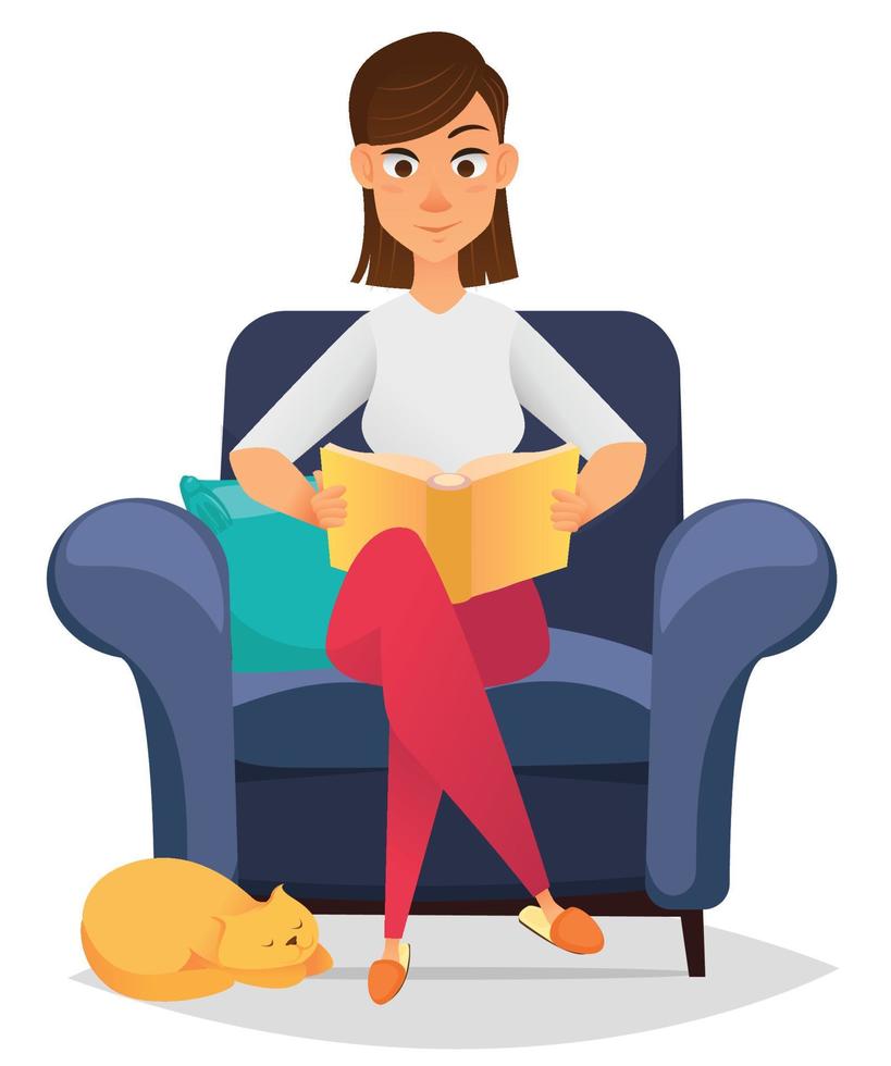 Woman at home sitting on comfortable armchair and reading book vector