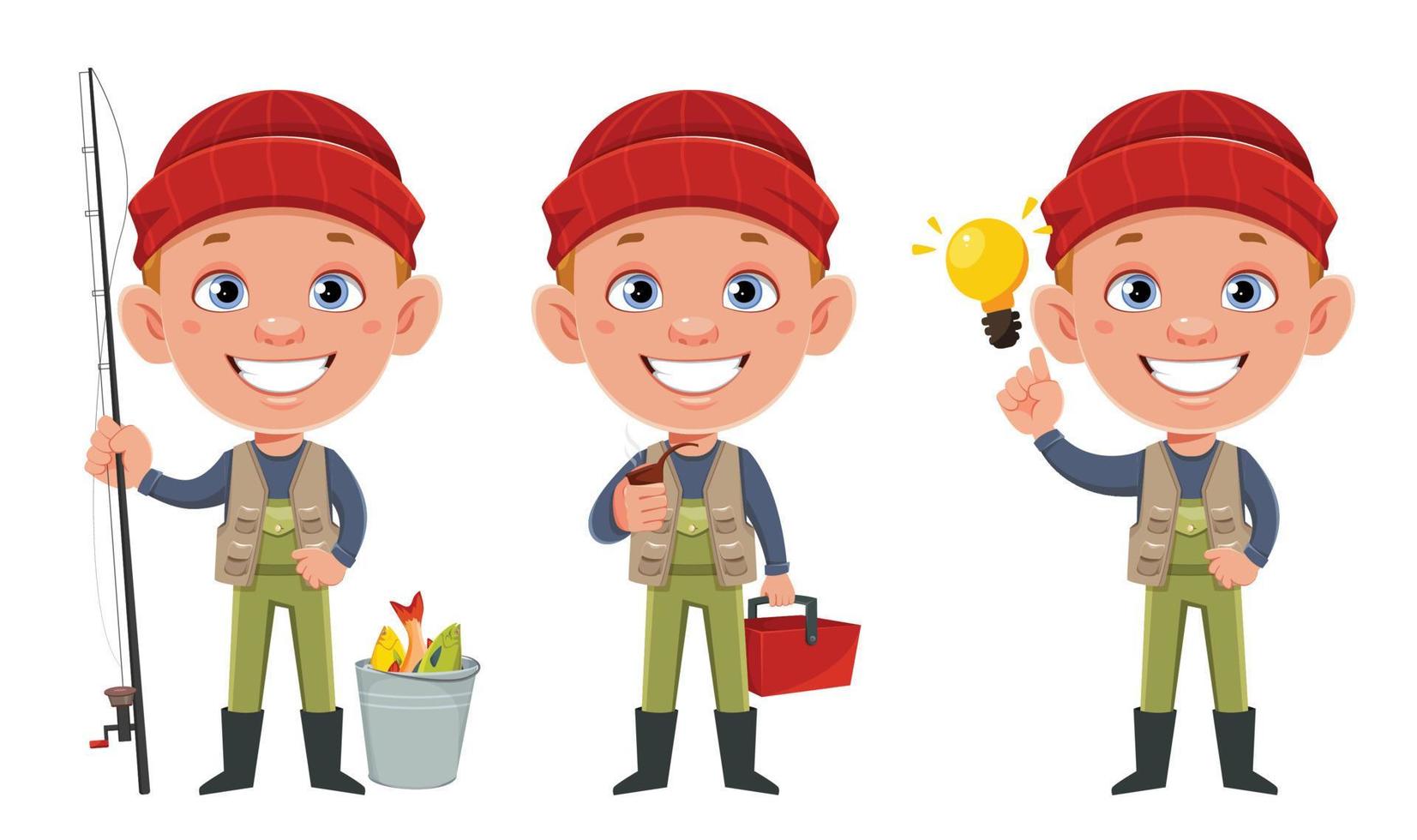 Fisherman, set of three poses. Cheerful fisher vector