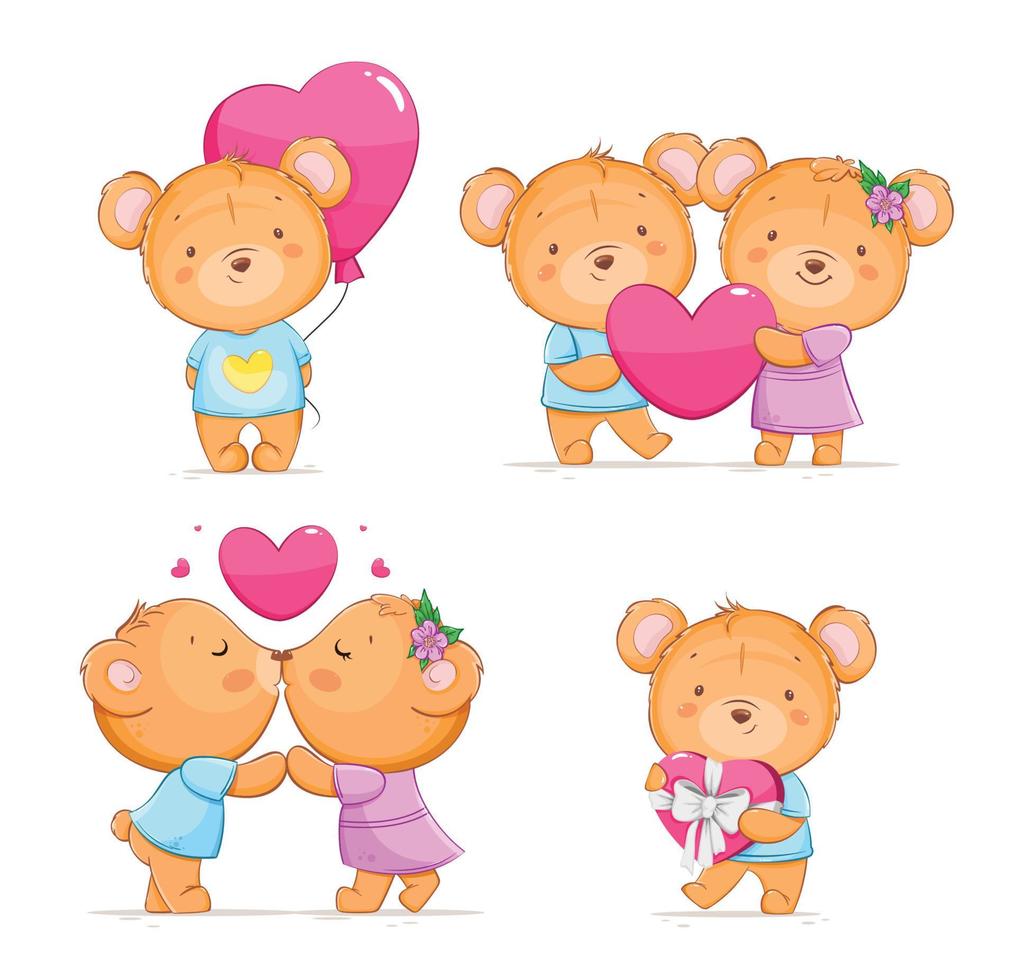 Happy Valentines day, funny bears, set vector