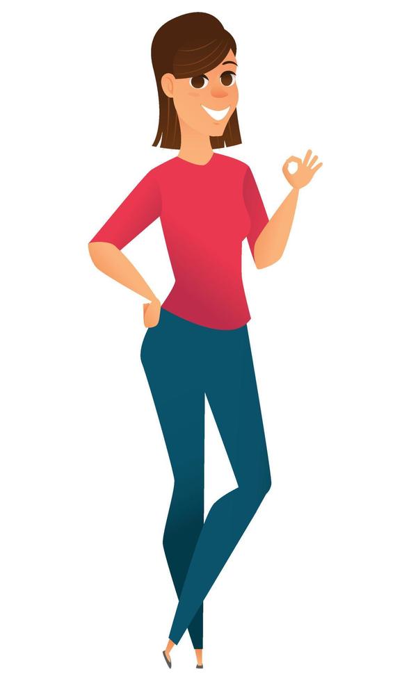 mujer de negocios moderna mostrando signo ok y sonriendo. vector