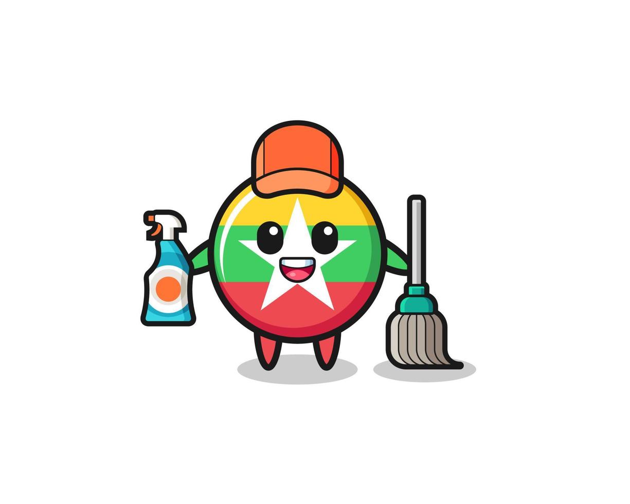 lindo personaje de la bandera de myanmar como mascota de los servicios de limpieza vector