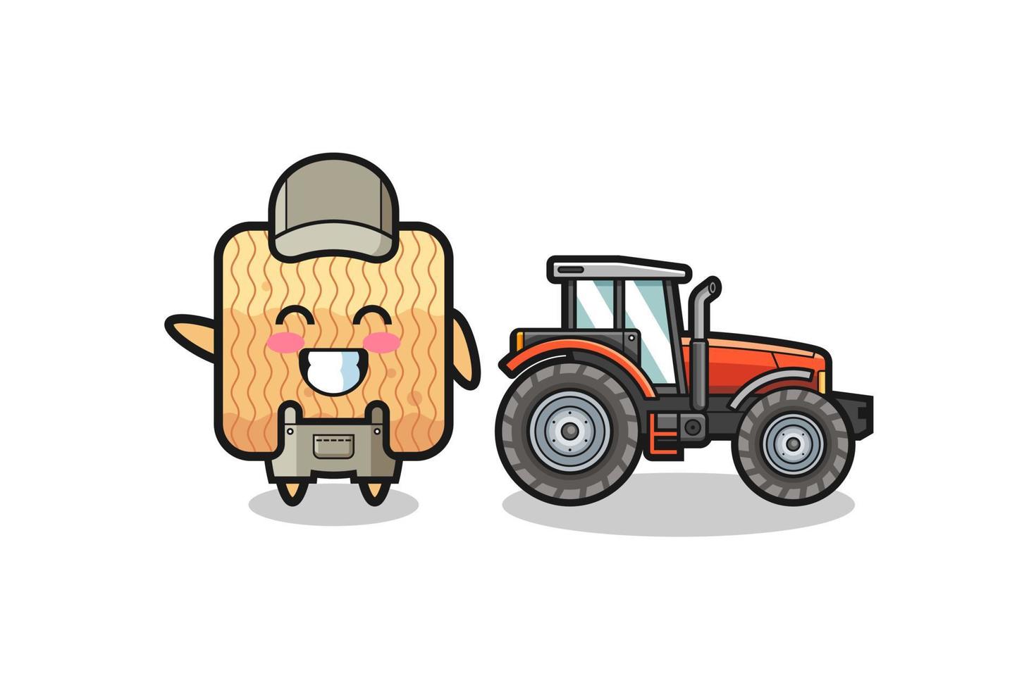 the raw instant noodle farmer mascot standing beside a tractor vector