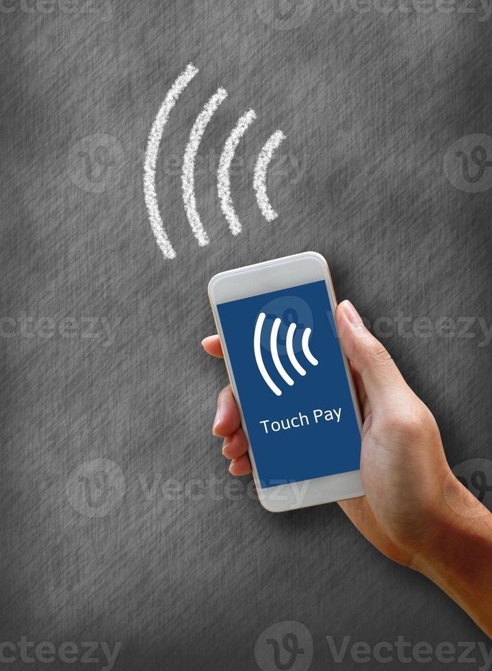 Mobile payments with smartphone concept. Woman holding phone and paying by touch with blackboard background. photo
