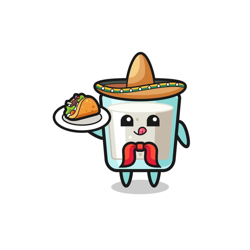 mascota del chef mexicano de leche sosteniendo un taco vector