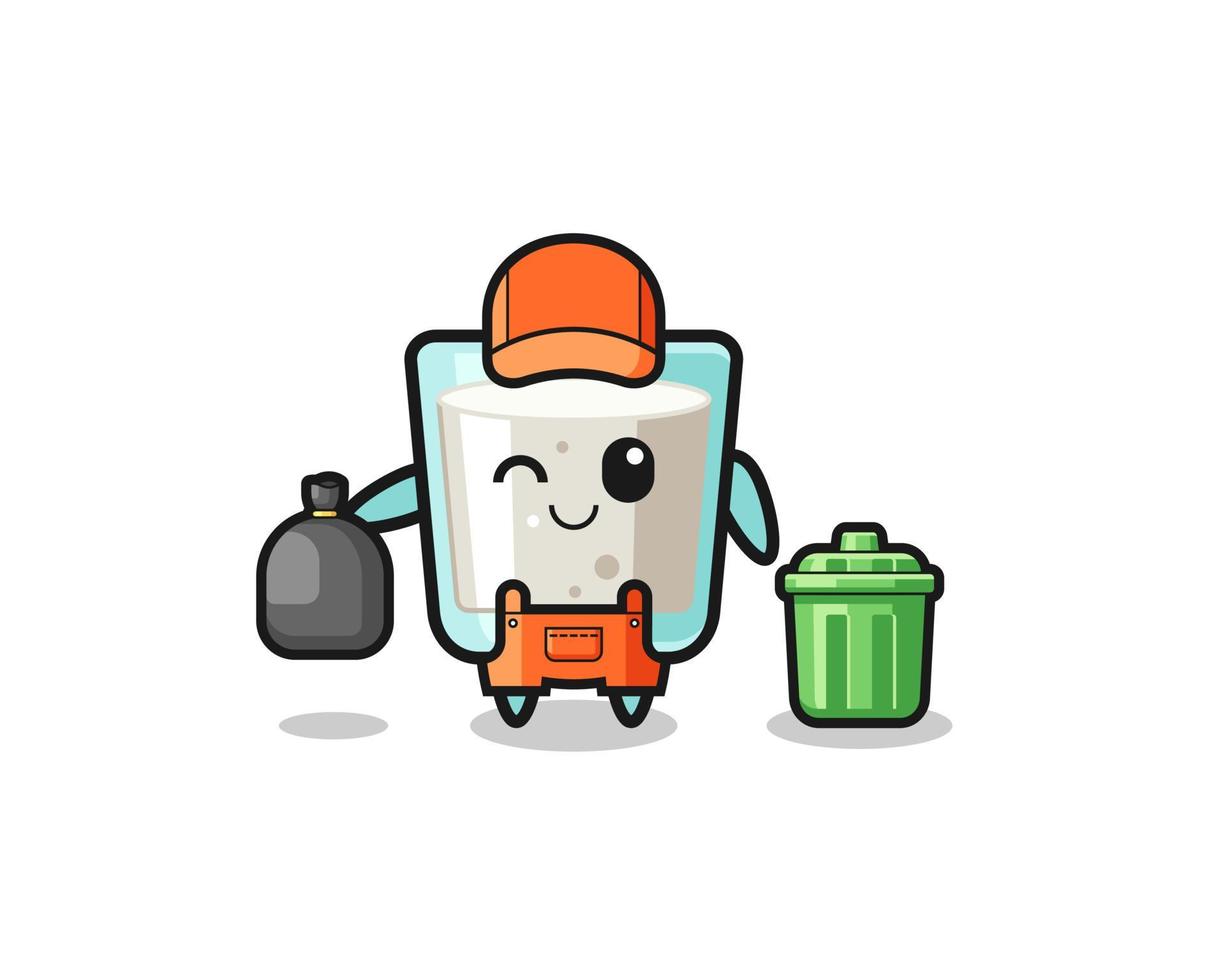 the mascot of cute milk as garbage collector vector