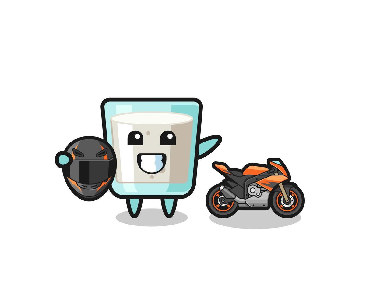 cute milk cartoon as a motorcycle racer vector