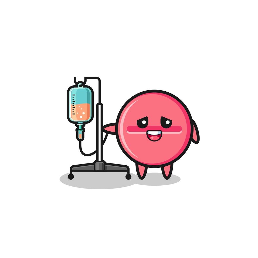 cute medicine tablet character standing with infusion pole vector