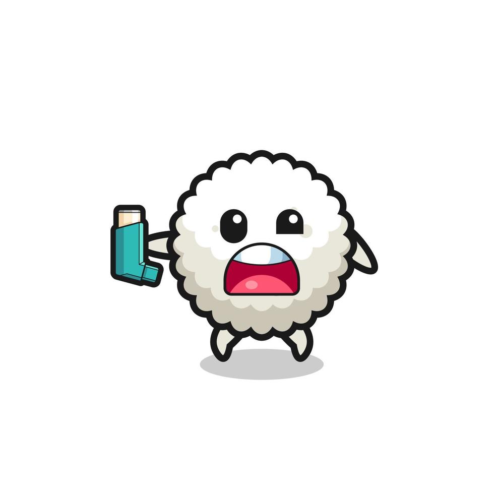 rice ball mascot having asthma while holding the inhaler vector