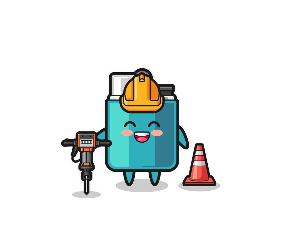 road worker mascot of lighter holding drill machine vector