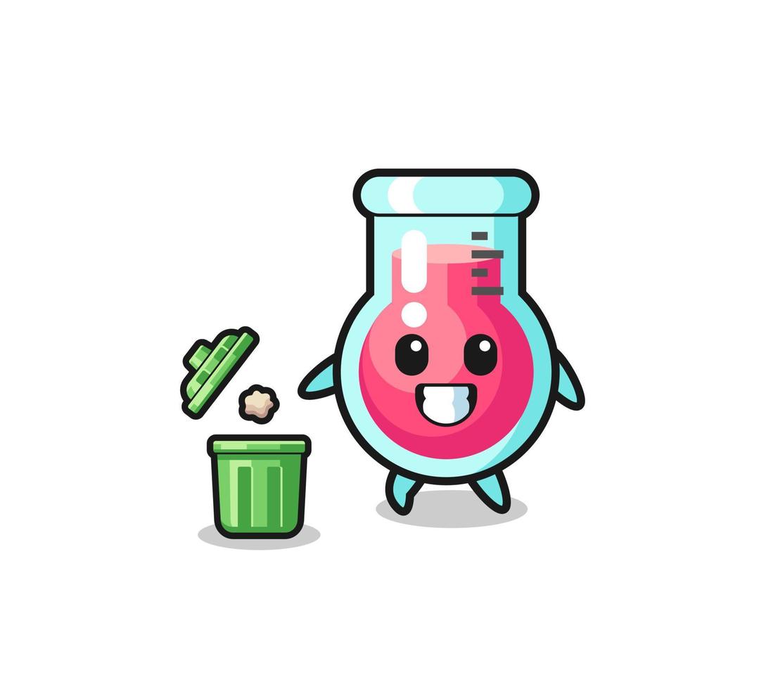 ilustración del vaso de laboratorio tirando basura en el bote de basura vector