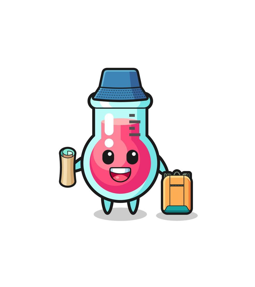 personaje de mascota de vaso de laboratorio como excursionista vector