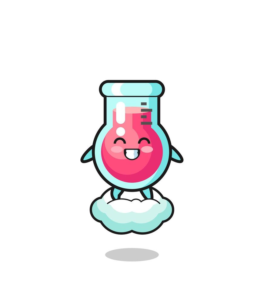 cute laboratory beaker illustration riding a floating cloud vector