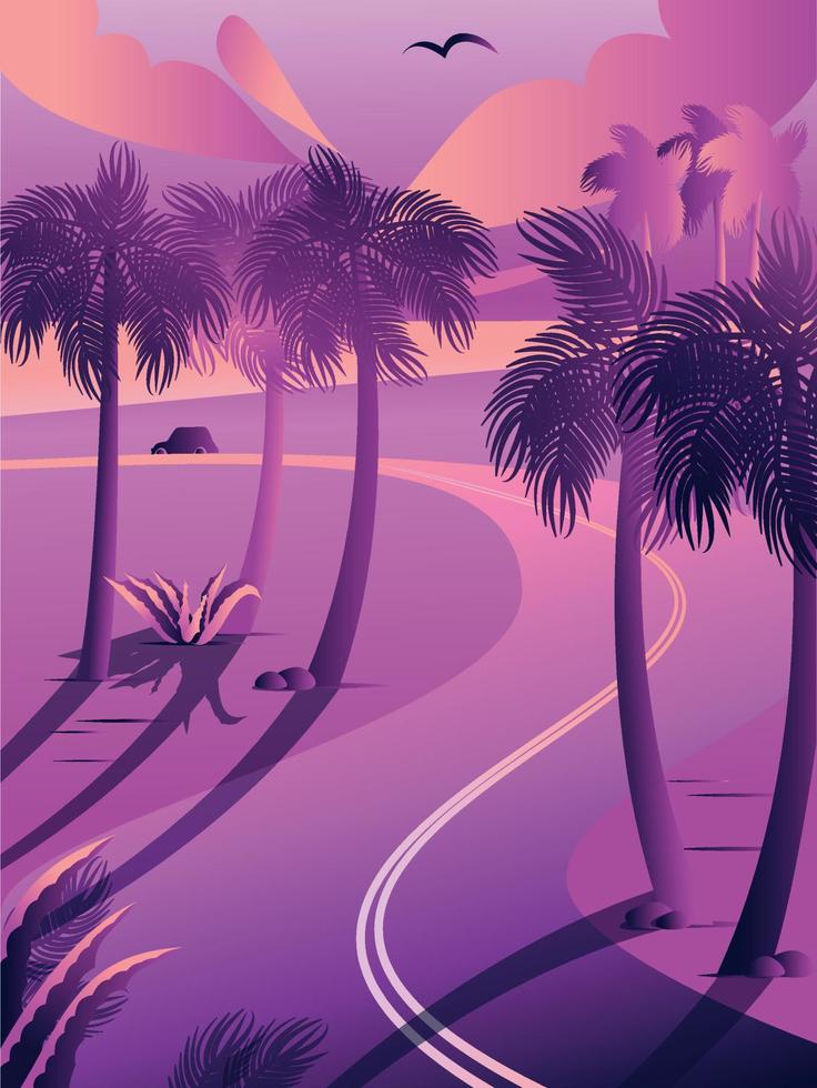 The road with palm trees in the tropics. Adobe Illustrator Artwork vector