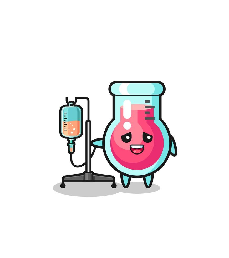 cute laboratory beaker character standing with infusion pole vector