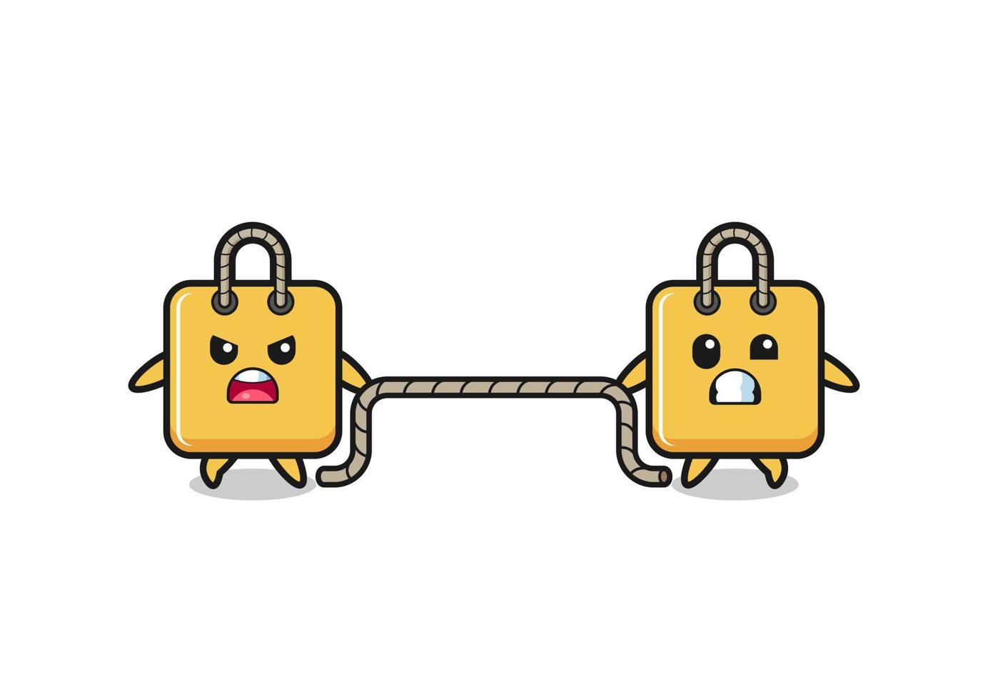 cute shopping bag character is playing tug of war game vector