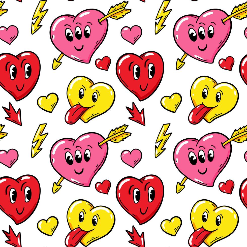 Love seamless pattern with comics cartoon characters. Valentines Day design. Vector illustration