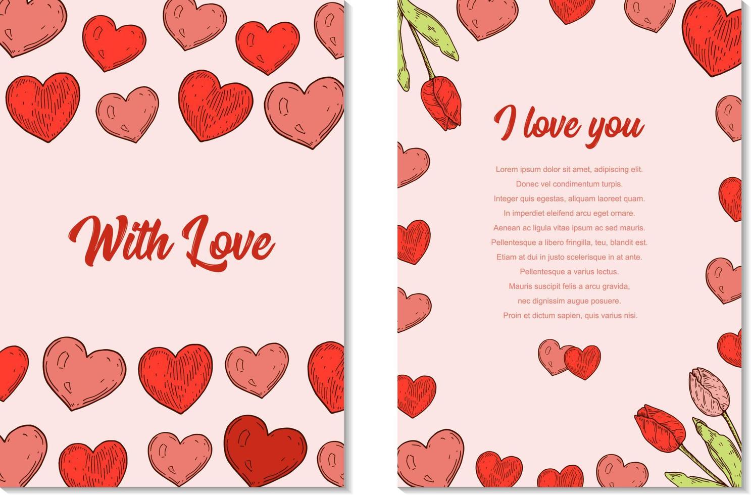 Two side Valentines day vertical greeting card with hand drawn elements. Vector illustration