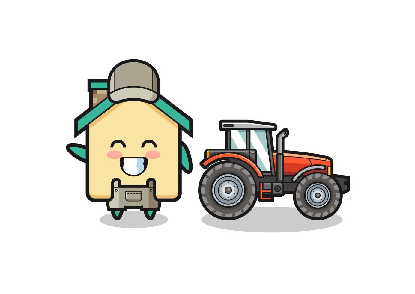 the house farmer mascot standing beside a tractor vector