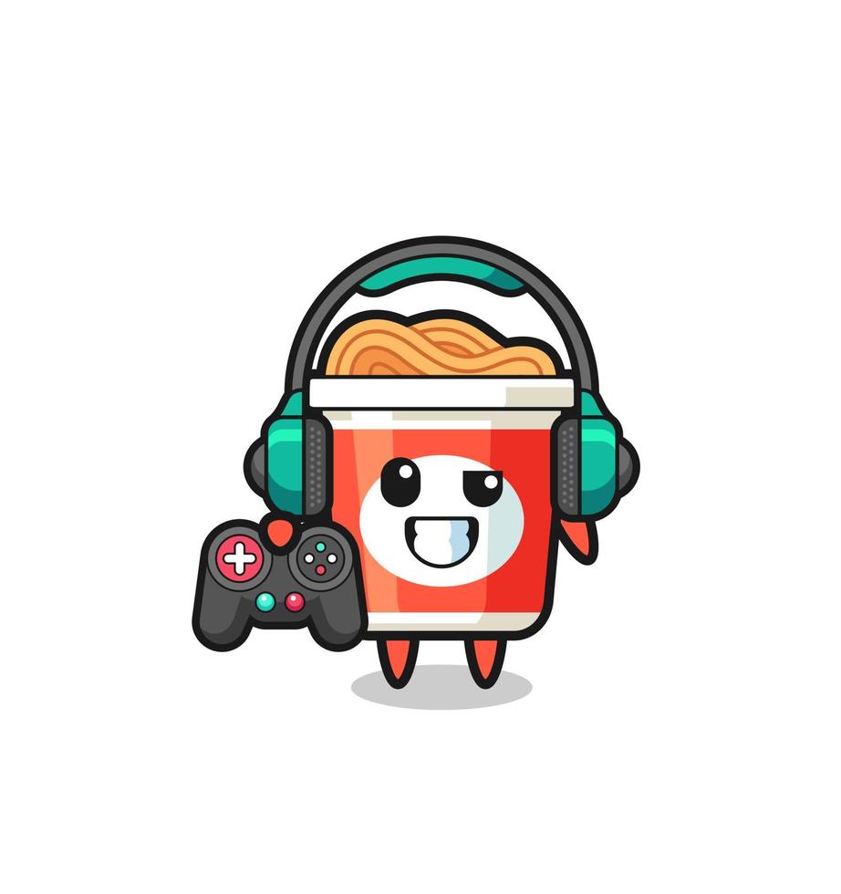 instant noodle gamer mascot holding a game controller vector