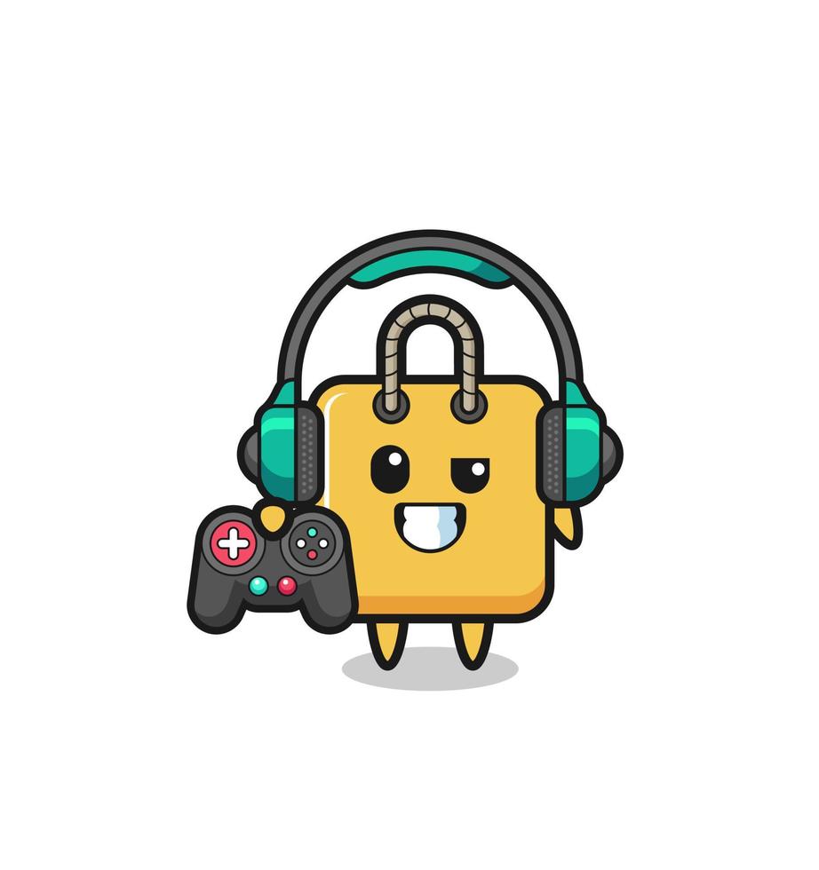 mascota de jugador de bolsa de compras sosteniendo un controlador de juego vector