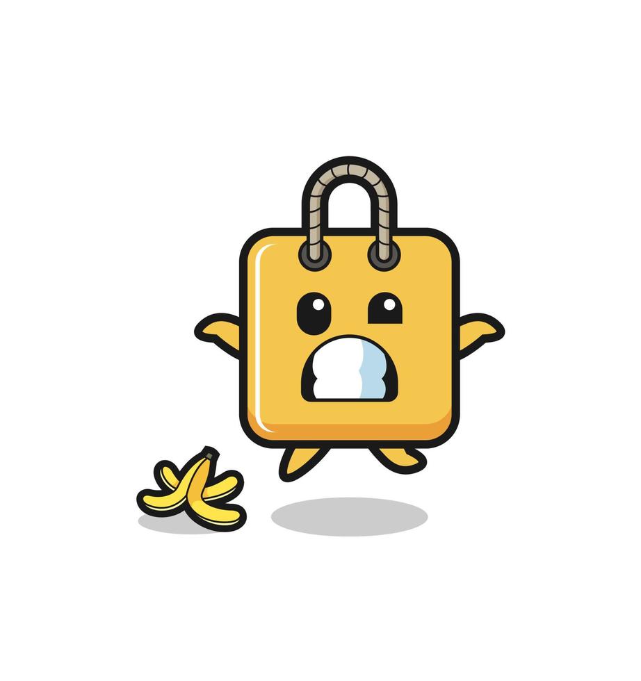 shopping bag cartoon is slip on a banana peel vector