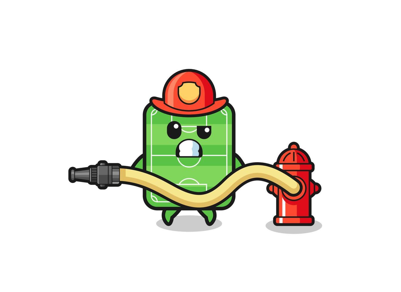 dibujos animados de campo de fútbol como mascota de bombero con manguera de agua vector