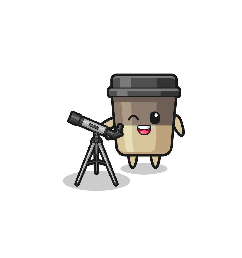 mascota del astrónomo de la taza de café con un telescopio moderno vector