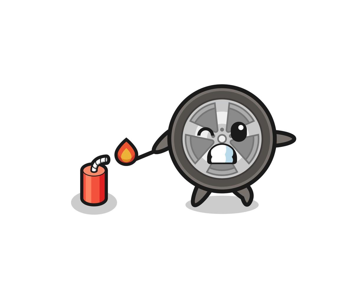 car wheel mascot illustration playing firecracker vector