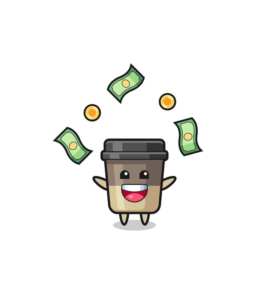 illustration of the coffee cup catching money falling from the sky vector