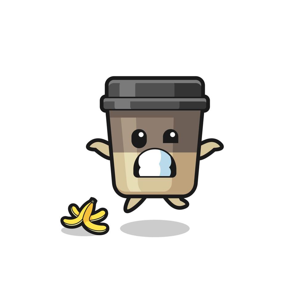 la caricatura de la taza de café se desliza sobre una cáscara de plátano vector