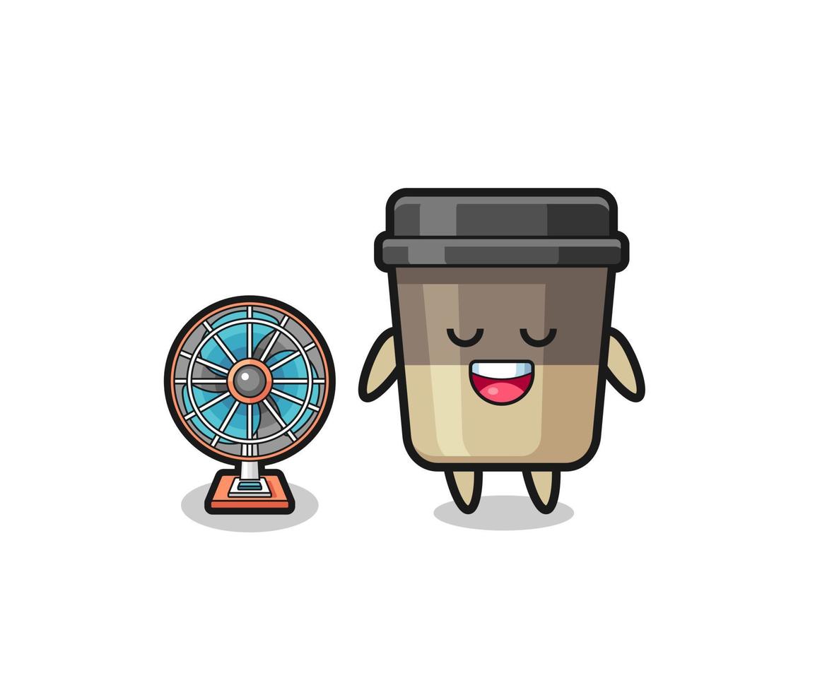 cute coffee cup is standing in front of the fan vector