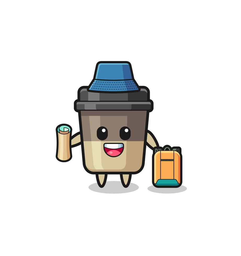 personaje de la mascota de la taza de café como excursionista vector