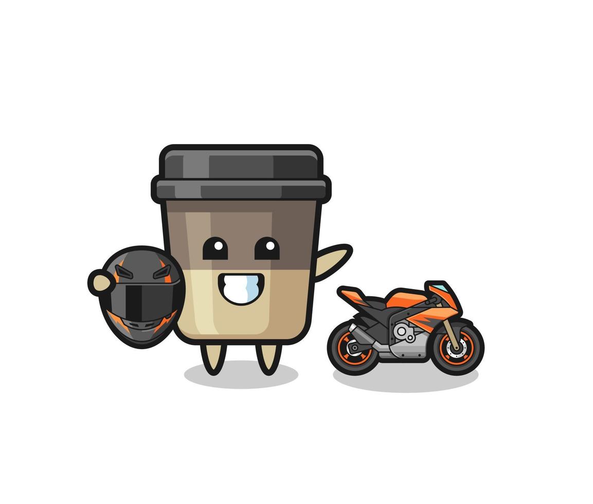 linda caricatura de taza de café como corredor de motocicletas vector