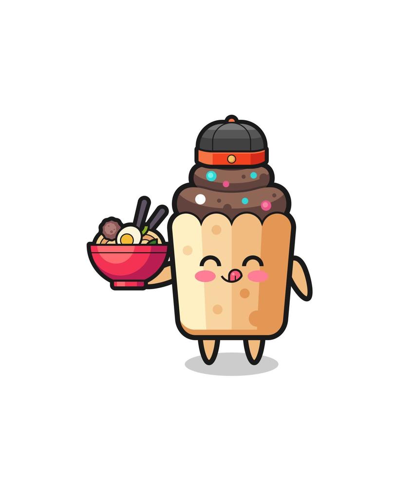 cupcake as Chinese chef mascot holding a noodle bowl vector