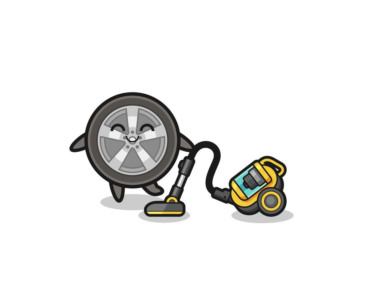 cute car wheel holding vacuum cleaner illustration vector