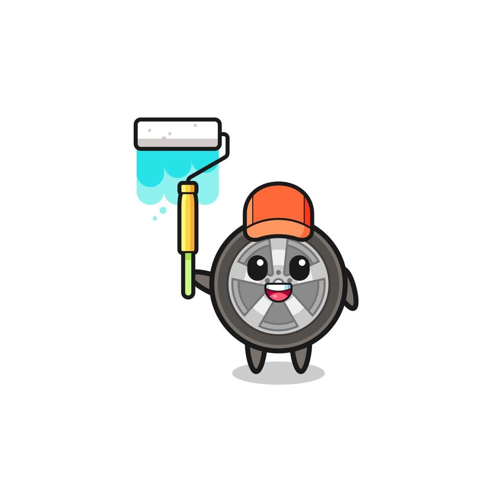 the car wheel painter mascot with a paint roller vector