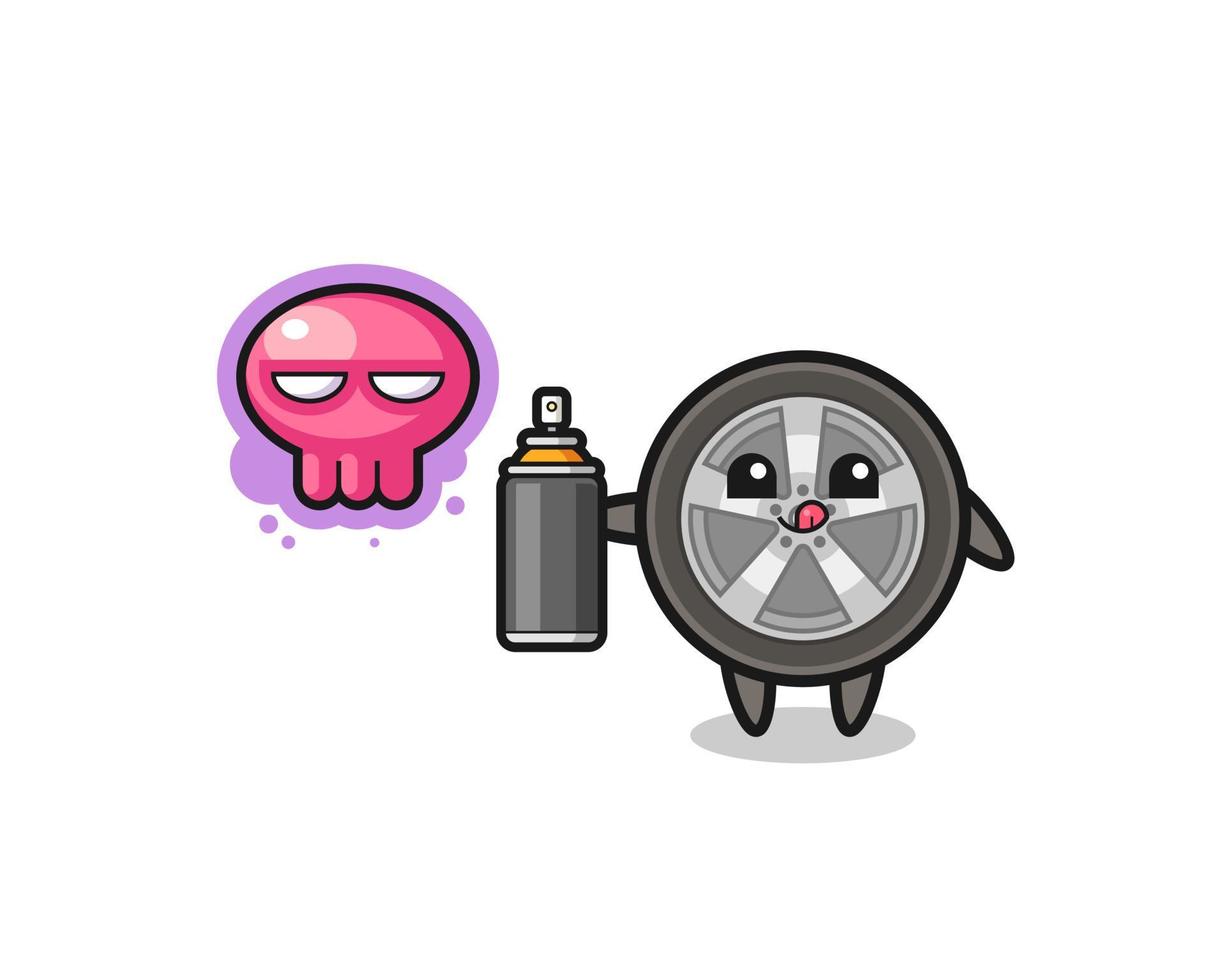 car wheel cartoon make a graffiti with a spray paint vector