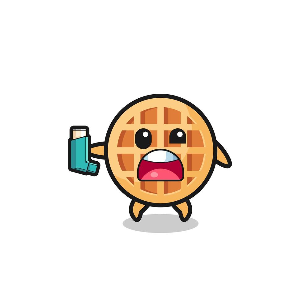 circle waffle mascot having asthma while holding the inhaler vector