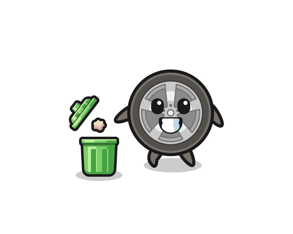 illustration of the car wheel throwing garbage in the trash can vector