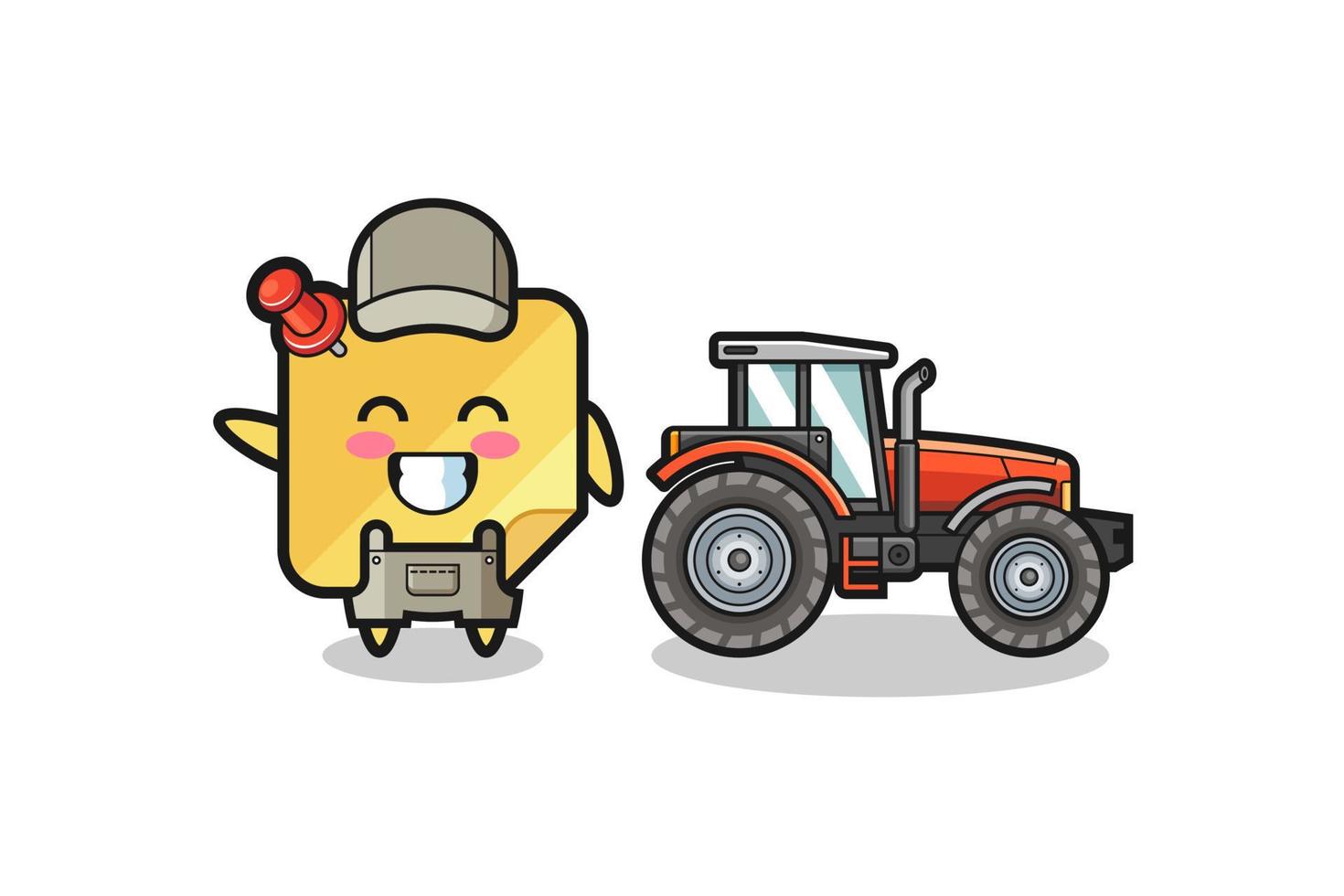 la mascota del granjero de notas adhesivas de pie junto a un tractor vector