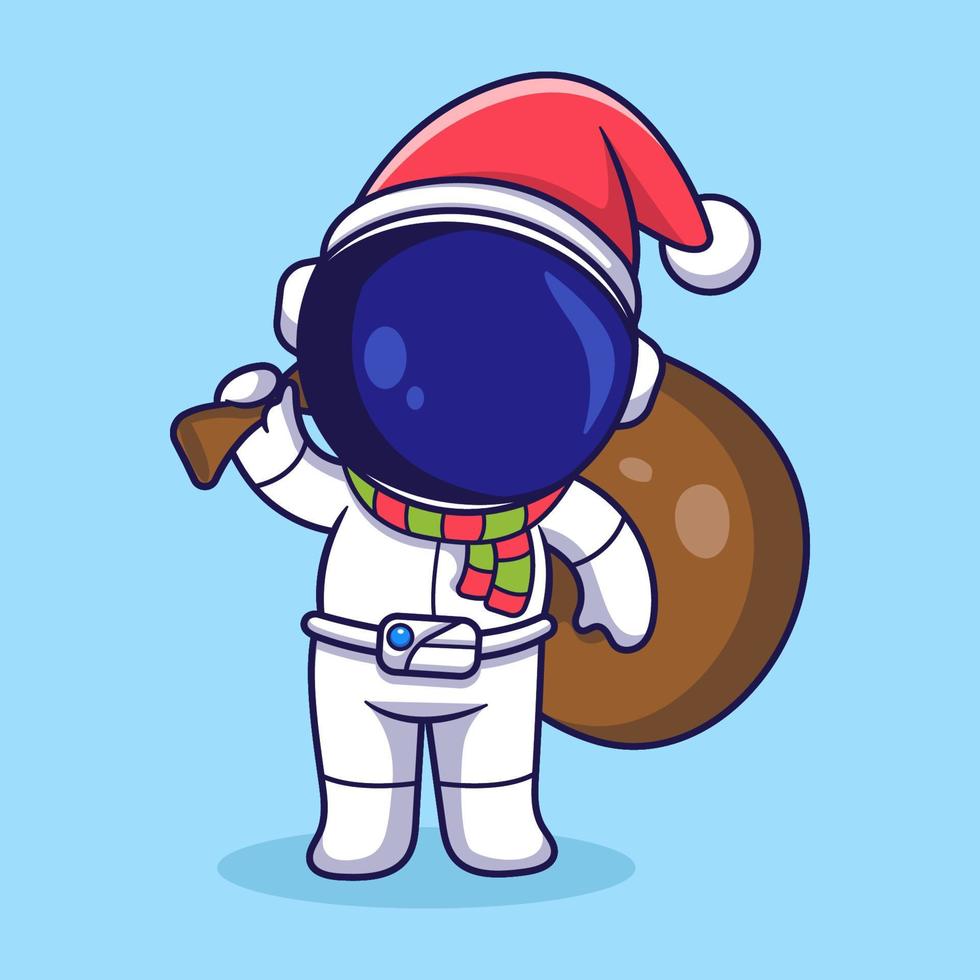 lindo personaje de astronauta y bolsa de regalo de navidad. ilustración de dibujos animados plana. vector